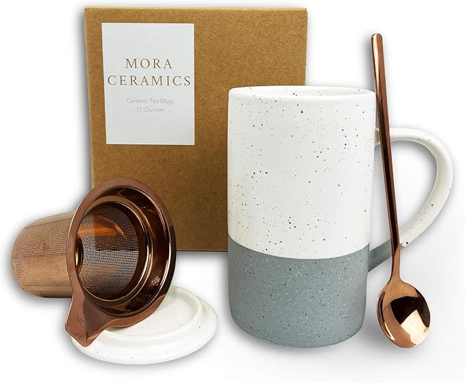 Mora Ceramics Tea Cup with Loose Leaf Infuser, Spoon and Lid, 12 oz, Microwave and Dishwasher Safe Coffee Mug - Rustic Matte Ceramic Glaze, Modern Herbal Tea Strainer - Great Gift for Women, Flint by MORA