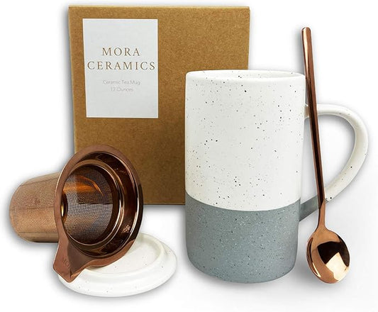 Mora Ceramics Tea Cup with Loose Leaf Infuser, Spoon and Lid, 12 oz, Microwave and Dishwasher Safe Coffee Mug - Rustic Matte Ceramic Glaze, Modern Herbal Tea Strainer - Great Gift for Women, Flint by MORA