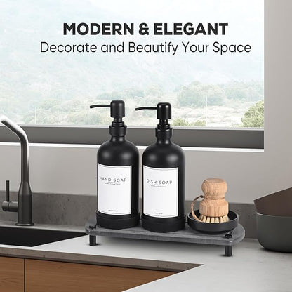 Kitchen Soap Dispenser Set with Instant Dry Tray,16 Oz Hand and Dish Soap Black Glass Dispenser Set,Stainless Steel Pump,Waterproof Labels&Dish Brush,Luxury Soap Bottle for Kitchen,Bathroom