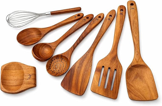 8 Pcs Teak Wooden Utensil Set – Premium Wooden Cooking Utensils Set, Natural Wooden Spoons for Cooking - Sturdy Kitchen Utensils & Cooking Spoons for Every Chef by WOODLANDSUSA