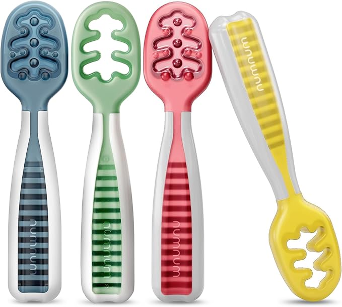 NumNum Baby Spoons Set, Baby Essentials Pre-Spoon GOOtensils for 6+ Months, First Stage Self-Feeding Spoons for Baby Led Weaning (BLW), Silicone Toddler Utensils, BPA-Free, 4 Pack Classic Colors by NumNum