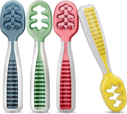 NumNum Baby Spoons Set, Baby Essentials Pre-Spoon GOOtensils for 6+ Months, First Stage Self-Feeding Spoons for Baby Led Weaning (BLW), Silicone Toddler Utensils, BPA-Free, 4 Pack Classic Colors by NumNum