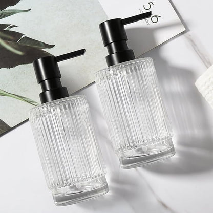 VIMERPA Glass Soap Dispenser with Pump, 2 Pack 11 fl oz Clear Hand Soap Dispensers for Bathroom, Ribbed Style Dish Soap Dispenser for Kitchen, Modern Refillable Liquid Soap Pump Bottle