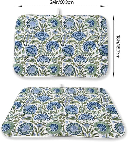 Vintage Blue Sage Green Floral Dish Drying Mat 18 x 24 Inch Boho Floral Drying Mat for Kitchen Counter Absorbent Flowers Dishes Dry Pad for Drainer Rack Kitchen Fast Dry