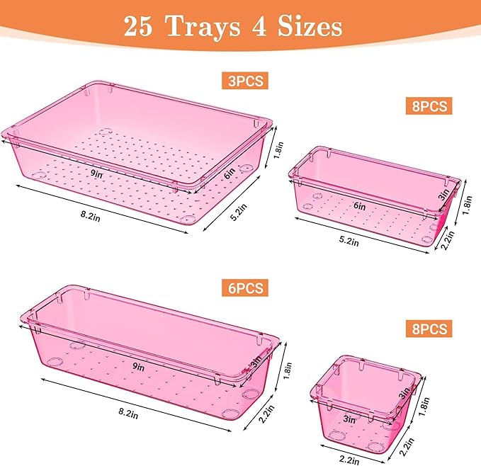 SpaceHacks 25 PCS Plastic Drawer Organizer Set, 4-Size Versatile Organizer Trays & Storage Bins for Makeup, Jewelry, and Gadgets in Bathroom, Bedroom and Office, Clear Pink - Image 2