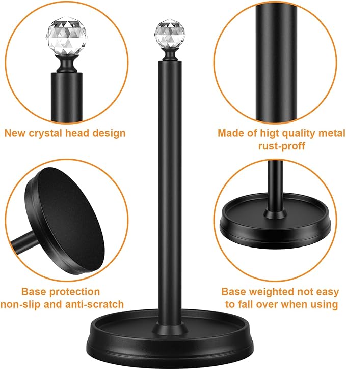 KASUNTO Paper Towel Holder, Steel Paper Towel Holder Countertop with Crystal Head for Kitchen Countertops, Bars & Dining Tables (Matte Black,2 Pack) - Image 3