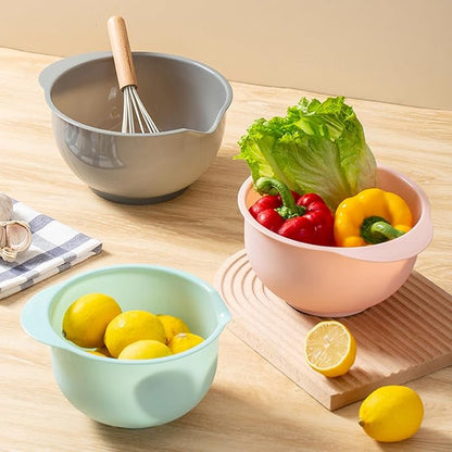 Set of 3 Mixing Bowls with Pour Spout-Nesting Design Saves Space - Non-Slip, BPA Free, Dishwasher Safe Plastic - Kitchen Cooking and Baking Supplies (Green Pink Grey) - Image 3