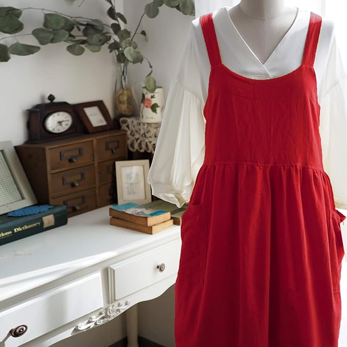 Uaussi Cotton Linen Apron Cross Back Work Apron for Women with Pockets Pinafore Dress X Cross Halter Apron for Chef Gardening - Image 3