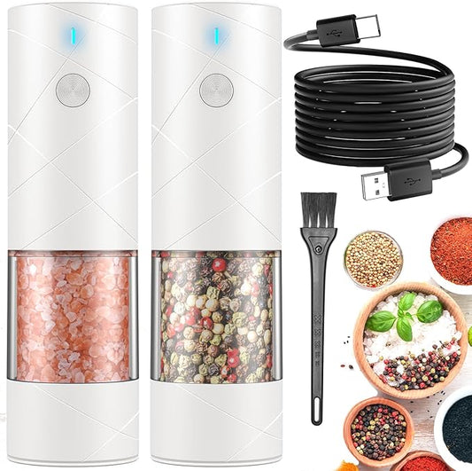 2Pack Electric Salt and Pepper Grinder Set USB Rechargeable with Warm LED Light, Adjustable Coarseness Lidaop Large Capacity Automatic Salt Pepper Mill Grinder for Kitchen, Restaurant, Outdoor, White by Lidaop