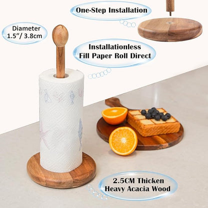 14.5" Acacia Wooden Paper Towel Holder, 6.7" Large Heavy Base Wooden Kitchen Paper Towel Roll Stand Organizer Free Standing Paper Roll Holder, Thickened Rustic Farmhouse Paper Towel Holder Stand