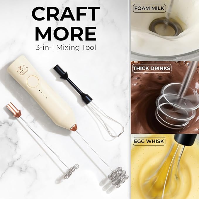Zulay Kitchen Rechargeable Milk Frother - Dynamic - 3 Speeds, 3 Whisk Attachments, 500 mAh USB Charging, Drink Mixer For Latte, Cappuccino, Matcha, Protein Powder, Coffee Foam - Cream Copper - Image 7