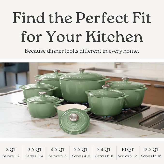 ROSSALLINI Signature Enameled Cast Iron Dutch Oven, Non-Stick Serving Pot with Tight Fitting Lid for Perfect Roasting, Baking, Sauteing, and Bread Making | 10Q (9.5L) - Sage