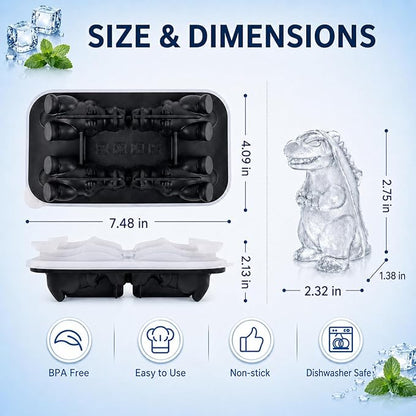 Dinosaur Ice Cube Tray Mold - 3D Dino Shape Ice Cube Trays, Cute Monster Ice Cube Molds for Whiskey Bourbon, 4-Hole Large Fun Shapes Ice Cube Trays with Lid, Funny Dinosaur Gifts for Lovers Women Men