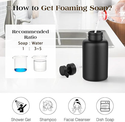 Luxspire Foaming Soap Dispenser, Glass Foam Pump Soap Dispenser, Non-Slip Hand Soap Bottle with 5 Waterproof Labels, 15 Oz Refillable Liquid Soap Bottle for Bathroom & Kitchen, Black+White, 2 Pack