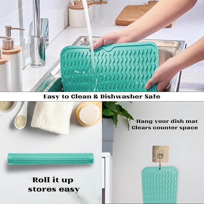 ZLR Silicone Dish Drying Mat & Heat Resistant Trivet (12" x 16") - Waterproof Counter Protector for Air Fryer, Coffee Maker - Non-Slip, BPA Free Kitchen Pad, Easy Clean Dishwasher Safe (Mint Green) - Image 4