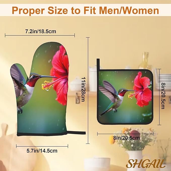 Oven Mitts and Hot Pads Set - Hummingbird Flower Design, Heat Resistant Cute Pot Holders for Kitchen, Baking Gifts for Women