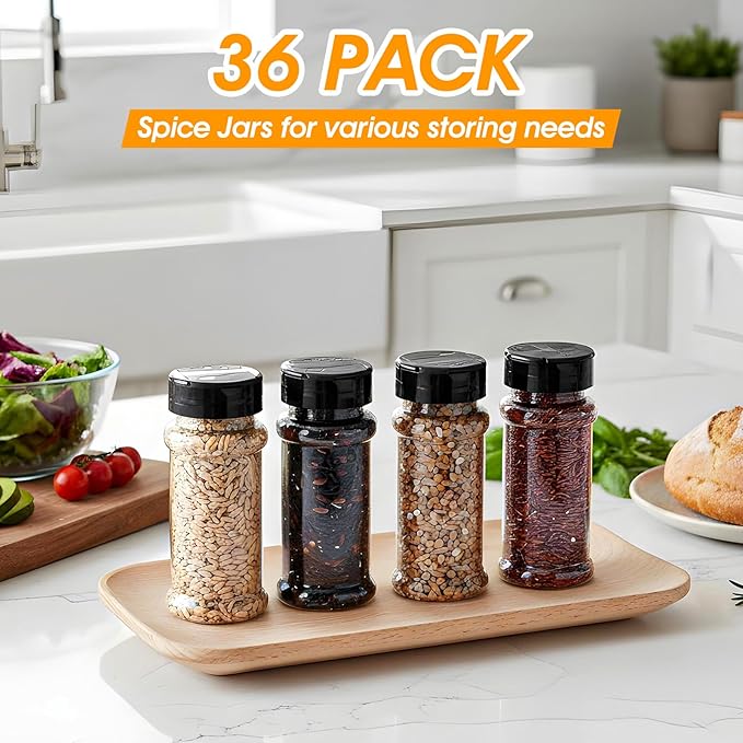 36 Pack 3 oz Clear Plastic Spice Jars with Shaker Lids, Black Caps, Empty Spice Bottles Seasoning Containers for Kitchen, Powders, Pepper