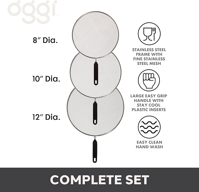 Oggi Set of 3 Stainless Steel Splatter Guard – 8”, 10” and 12” with Stay Cool Handles