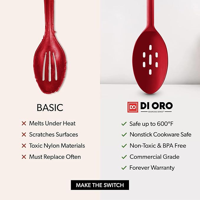 DIORO Silicone Mixing & Serving Spoons - Large Heat-Resistant Non Stick Utensils Big Solid & Slotted Basting & Stirring Spoons - Dishwasher Safe (2pc, Red) - Image 7