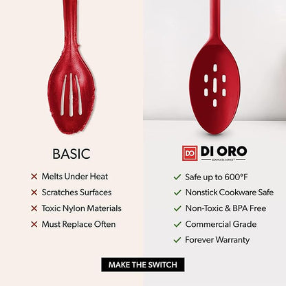 DIORO Silicone Mixing & Serving Spoons - Large Heat-Resistant Non Stick Utensils Big Solid & Slotted Basting & Stirring Spoons - Dishwasher Safe (2pc, Red) - Image 7