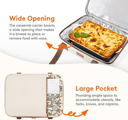 Lifewit Insulated Double Decker Casserole Carrier, Expandable Lasagna Lugger Tote Bag for Hot or Cold Food, Fits 9" x 13" Baking Dish for Potluck Parties, Picnic and Cookouts, Cream-Flowers