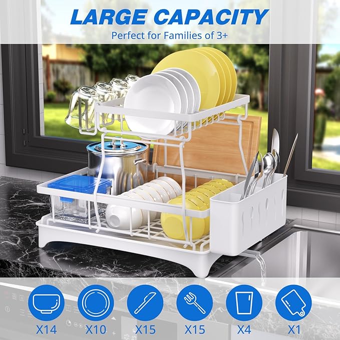 Godboat Dish Drying Rack, 2-Tier Dish Rack with Auto-Drain & Mat, Dish Racks for Kitchen Counter, Dish Drainer with Knife, Fork & Cup Rack, Gifts for Women, Mothers Day, Kitchen Gadgets, White - Image 2