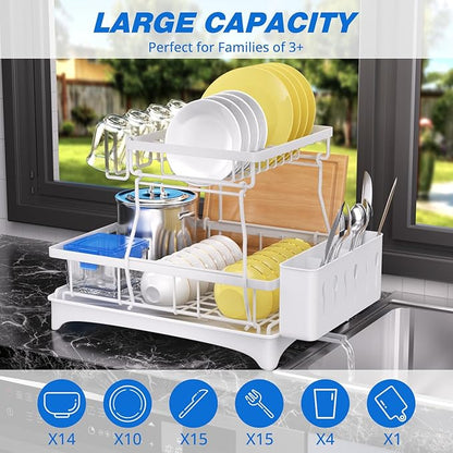 Godboat Dish Drying Rack, 2-Tier Dish Rack with Auto-Drain & Mat, Dish Racks for Kitchen Counter, Dish Drainer with Knife, Fork & Cup Rack, Gifts for Women, Mothers Day, Kitchen Gadgets, White - Image 2
