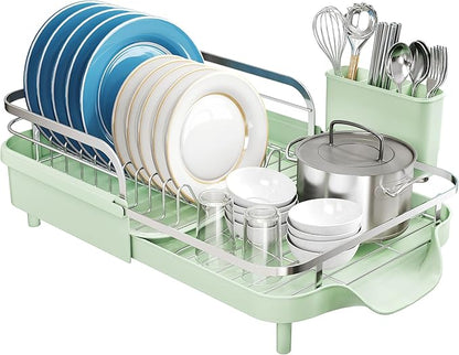 SNTD Dish Drying Rack, Expandable Dish Rack for Kitchen Counter, Stainless Steel Dish Drainer with Drainboard Set and Utensil Holder (Green) - Image 8