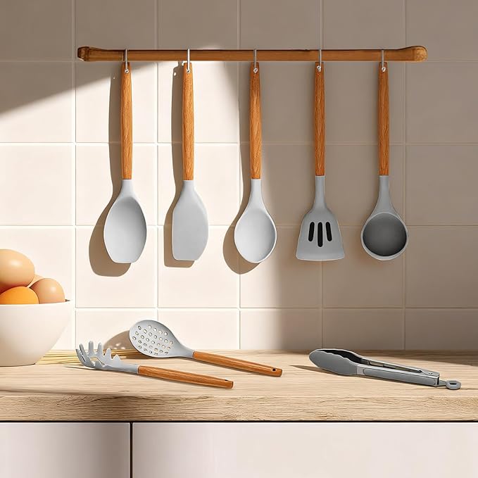 Kitchen Utensils Set - 12 Pcs Silicone Cooking Utensils Set with Wooden Handle - Heat Resistant Non-Stick BPA Free Spatula Set,Turner, Spoon, Brush, Silicone Kitchen Gadgets Utensil Set - Image 6