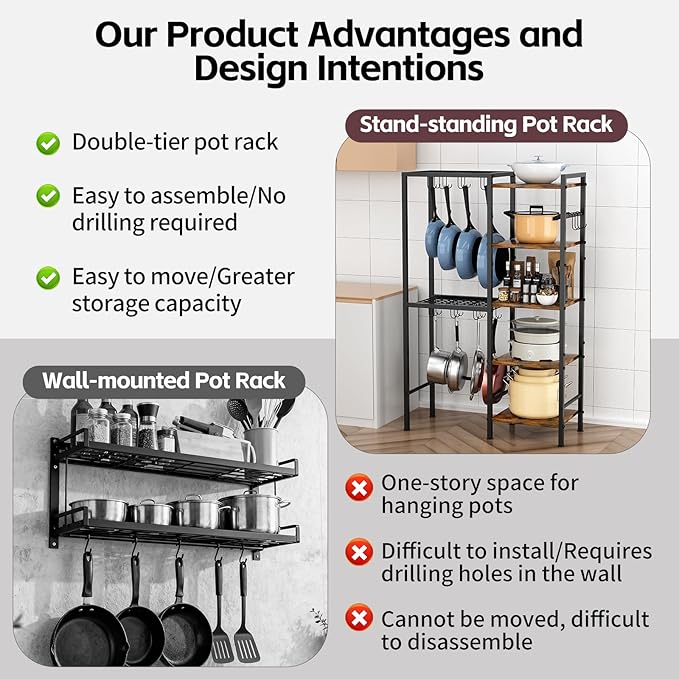 5-Tier Pot and Pan Organizer Rack with Hooks, Heavy-Duty Kitchen Storage Shelf for Cookware, Dishes, and Utensils, Freestanding Metal Pot Rack Organizer for Kitchen, Pantry, or Dining Room - Image 5