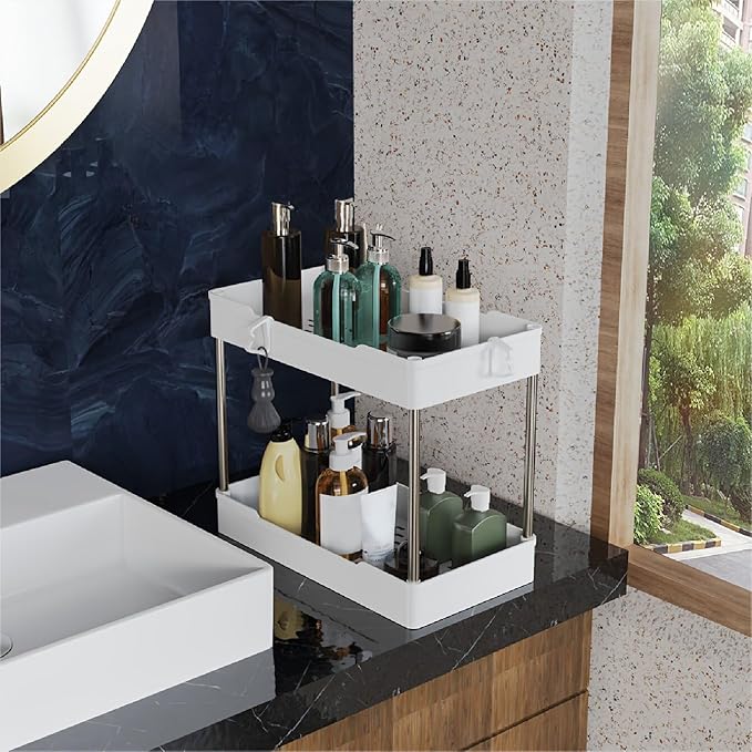 3 Pack Under Sink Organizers and Storage, 2 Tier Bathroom Cabinet Organizer Shelf with Hanging Cups for Kitchen & Bathroom (White) - Image 5