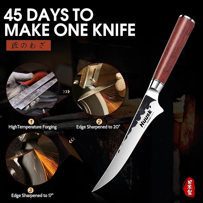 Huusk Boning Knife, Hand Forged 6" Fillet Knife, Butcher Knives Japanese Deboning Knives for Meat, Fish, Poultry, Rosewood Handle with Gift Box, Gifts Idea for Men Women