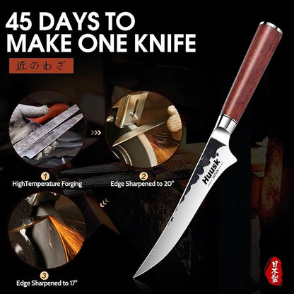 Huusk Boning Knife, Hand Forged 6" Fillet Knife, Butcher Knives Japanese Deboning Knives for Meat, Fish, Poultry, Rosewood Handle with Gift Box, Gifts Idea for Men Women