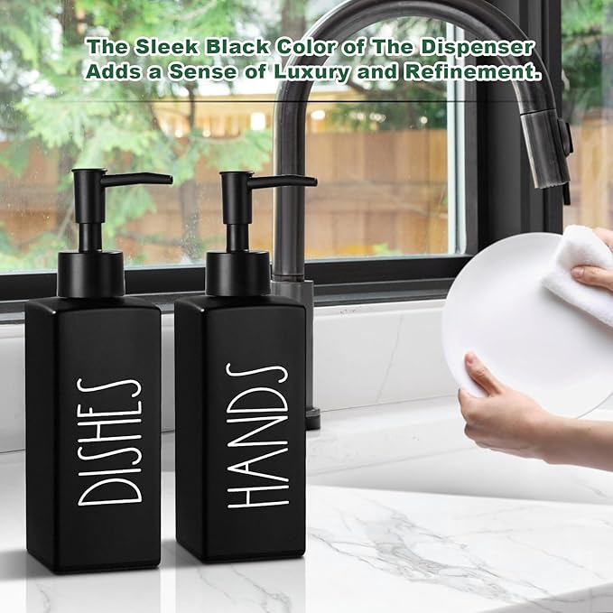 Hand and Dish Soap Dispenser Set, Matte Black Dish Dispenser Bottle for Kitchen, Glass Kitchen Soap Dispenser Set with Pump, Refillable Liquid Soap Bottle, Farmhouse Kitchen Decor, 12.3fl oz - Image 6