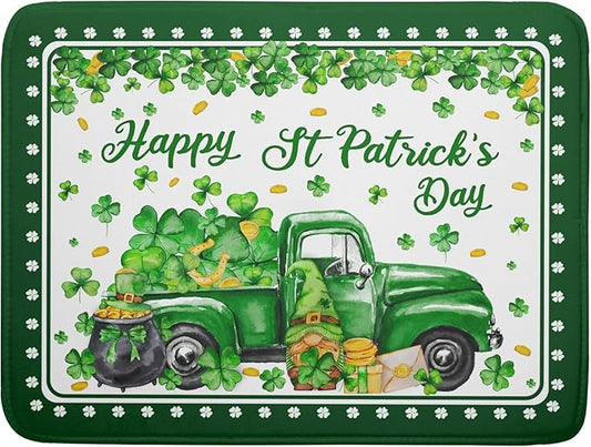 Shamrock Gnome Truck Dish Drying Mat Lucky Clover Dish Drainer Mat 18x24 inch Absorbent Fast Dry Pad for Kitchen Counter Coffee Bar Decor