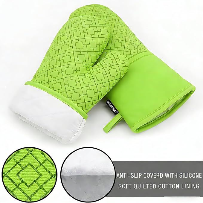 Oven Mitts and Pot Holders Sets 6pcs, Kitchen Oven Glove,High Heat Resistant 550 Degree Extra Long Oven Mitts and Potholders with Non-Slip Silicone Surface for Home Essentials (Grey) (Meadow Green) - Image 2