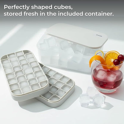 Ice Cube Tray Set with Lid & Bin, 2 Silicone Trays (32-Cube Each, 64 Total), Easy-Release, Stackable, Leak-Proof, Dishwasher Safe, Sand Beige