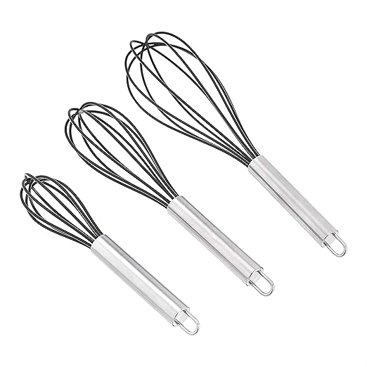Amazon Basics Stainless Steel and Silicone Non-Stick Coated Whisk Set for Beating and Whisking, Dishwasher Safe, 8", 10", and 12", Pack of 3, Black by AmazonBasics