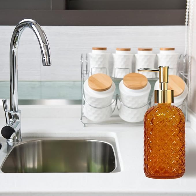 Glass Soap Dispenser with Gold Plastic Pump, 13.5oz Refillable Liquid Hand Soap Dispenser, Crystal Lotion Bottle for Modern Home Decor, Bathroom, Kitchen Countertop, Hotel(Orange)