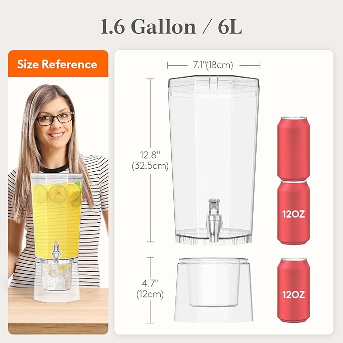 Lifewit 1.6 Gallon Drink Dispenser for Parties 2 Pcs, 6L Plastic Beverage Container with Stand for Juice/Tea/Soda & Lemonade, Clear Water Pitcher with Spigot for Mimosa Bar Hosting 39 x 16 cm/15x6" - Image 2