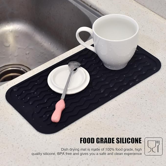 Silicone Dish Drying Mat, Non-Slip Easy Clean Sink Mat Large Heat-resistant Dish Drainer Mat for Kitchen Counter, Sink, Refrigerator or Drawer liner (12" x 6", BLACK) - Image 6