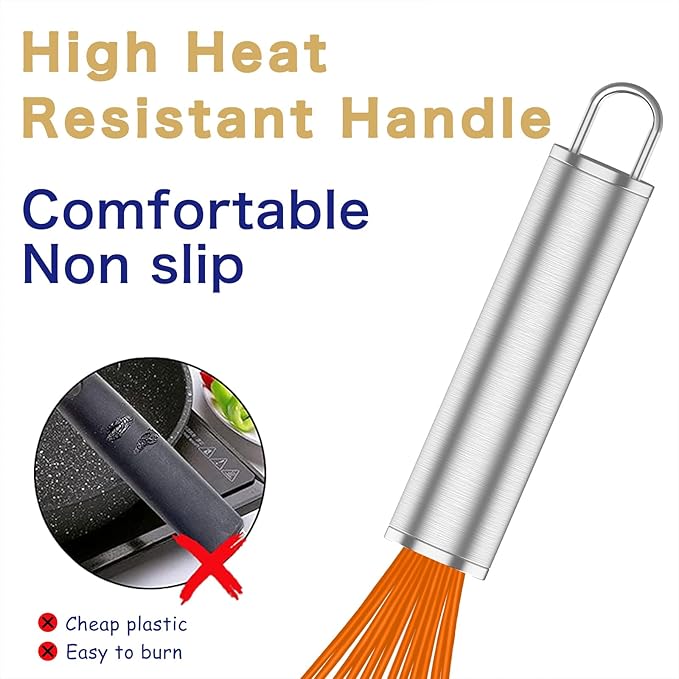 OYV Orange Silicone Whisk, Professional Whisks For Cooking Non-Scratch, Stainless Steel & Silicone Wisk, Plastic Rubber Whisk Tool For Nonstick Cookware Pans, BPA free, Silicon Wisks Set of 3 - Image 5