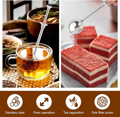 2pcs Powdered Sugar Shaker Duster Flour Dispenser Shaker with 18/8 Stainless Steel Spring-operated Handle Tea Strainer with 1 Scoop Teas Fine Mesh Tea Ball (COLOR:with 1 tea scoop)