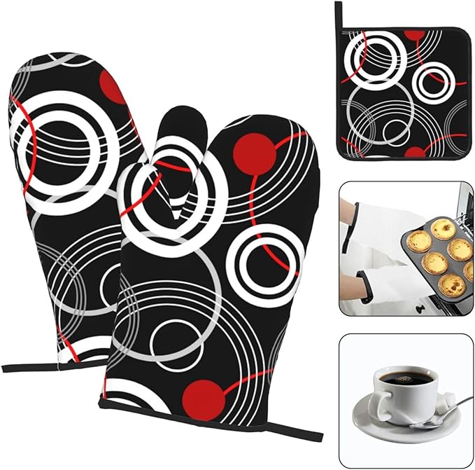 Modern Black Red Retro Oven Mitts and Pot Holders Sets of 3 Abstract Modern Hot Pads Heat Resistant Non Slip Washable for Cooking Grilling Baking BBQ Kitchen Decor - Image 3