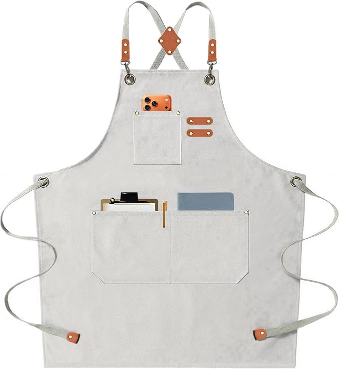 AFUN Chef Aprons for Men Women with Oversized Pockets, 16-Ounce Cotton Canvas Cross Back Heavy Duty Work Apron (Beige) by BringYouaFun