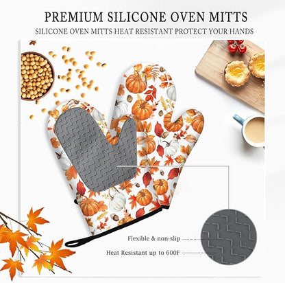 Thanksgiving Pumpkin Oven Mitts and Pot Holders, Fall Oven Mitts Sets of 3 for Cooking Lover Kitchen Decor, Pumpkins Heat Resistant Non-Slip Silicone Kitchen Glove Gifts for Mom Wife Sister BFF