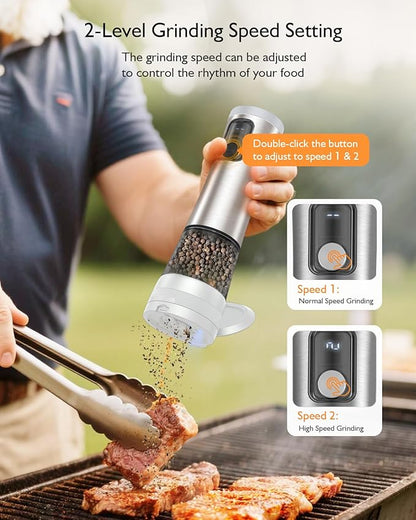 Electric Salt and Pepper Grinder Set, Upgraded 2-Speed Setting, External 5 Adjustable Coarseness, Battery Display Rechargeable Base, Stainless Steel Automatic Salt & Pepper Shaker Mill with LED, White - Image 4