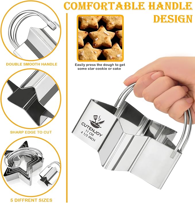 Star Cookie Cutters (5 Pieces/Set),Biscuit Cutter Set with Handle and Big Ring, Professional Baking Dough Cutter Tools for Cakes, Sandwiches, Donuts, Dumplings - Image 3