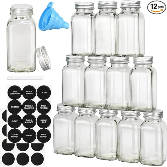 DkOvn 12pcs Glass Spice Jars with Labels, 6oz Empty Spice Jars with Mental Caps, Shaker Lids, Collapsible Funnel, Chalk Pen, Seasoning Organizer for Spice Rack by DkOvn