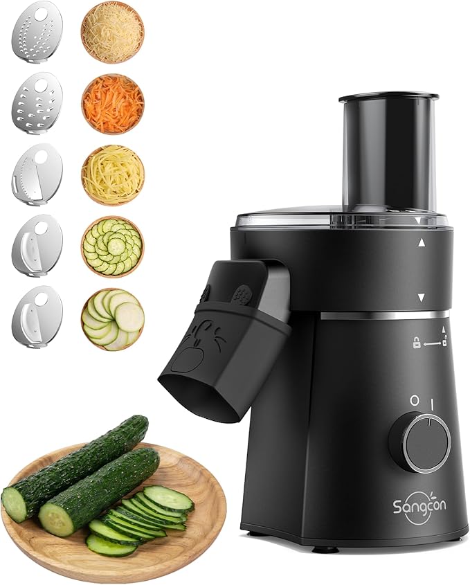 Sangcon Electric Cheese Grater for Block Cheese, 5-in-1 Automatic Salad Shooter & Vegetable Slicer with 5 Stainless Steel Blades, One-Touch Countertop Electric Grater for Cheese, Vegetables, Nuts by Sangcon